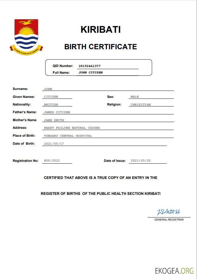 Modèle Word et PDF d'acte de naissance à Kiribati